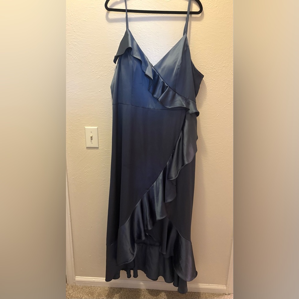 Revelry plus size Asymmetrical Satin Dress in Deep Blue
